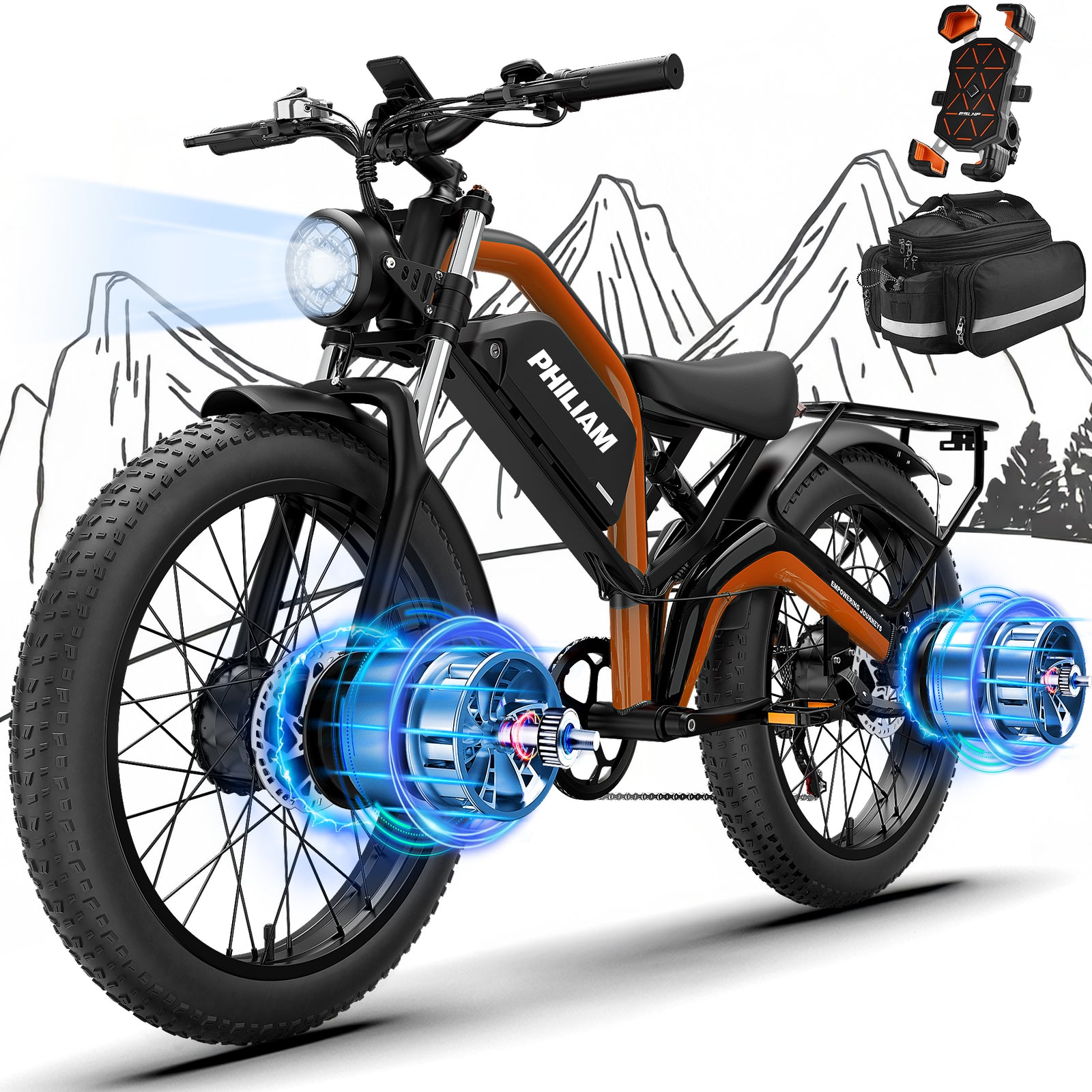 Philiam FX1 52V 32/23AH Battery, 5000W/3000W Peak Dual Motor 26”Fat Tire Full Suspension E-Bike
