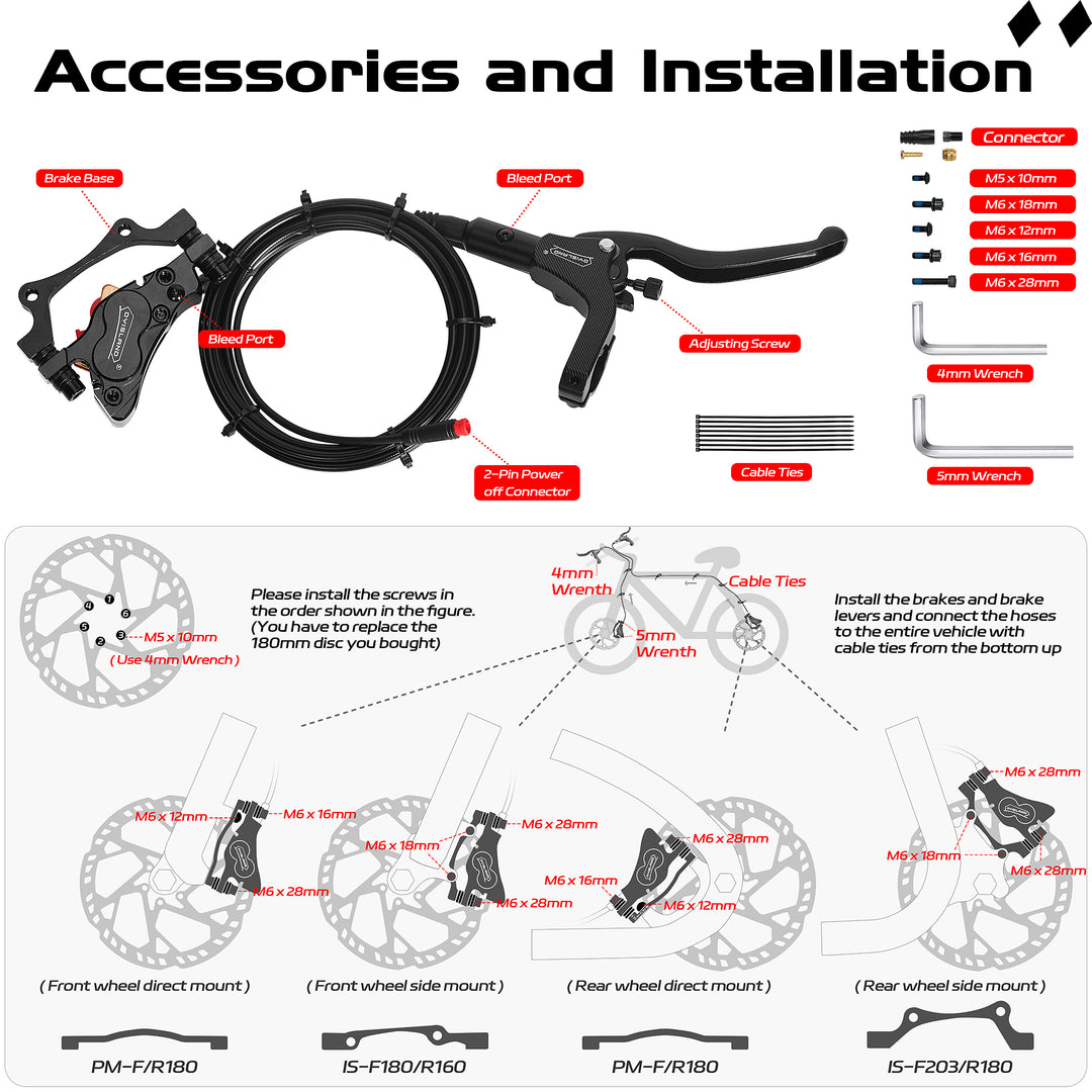 LD4X-300 4-Pistons Hydraulic Disc Brake Set（3.0 New） for E-Bike, 2-PIN Power-Off Electric Induction Control System Hydraulic Brake Sets(with 2Pcs 180mm 2.3mm Thick Rotors)