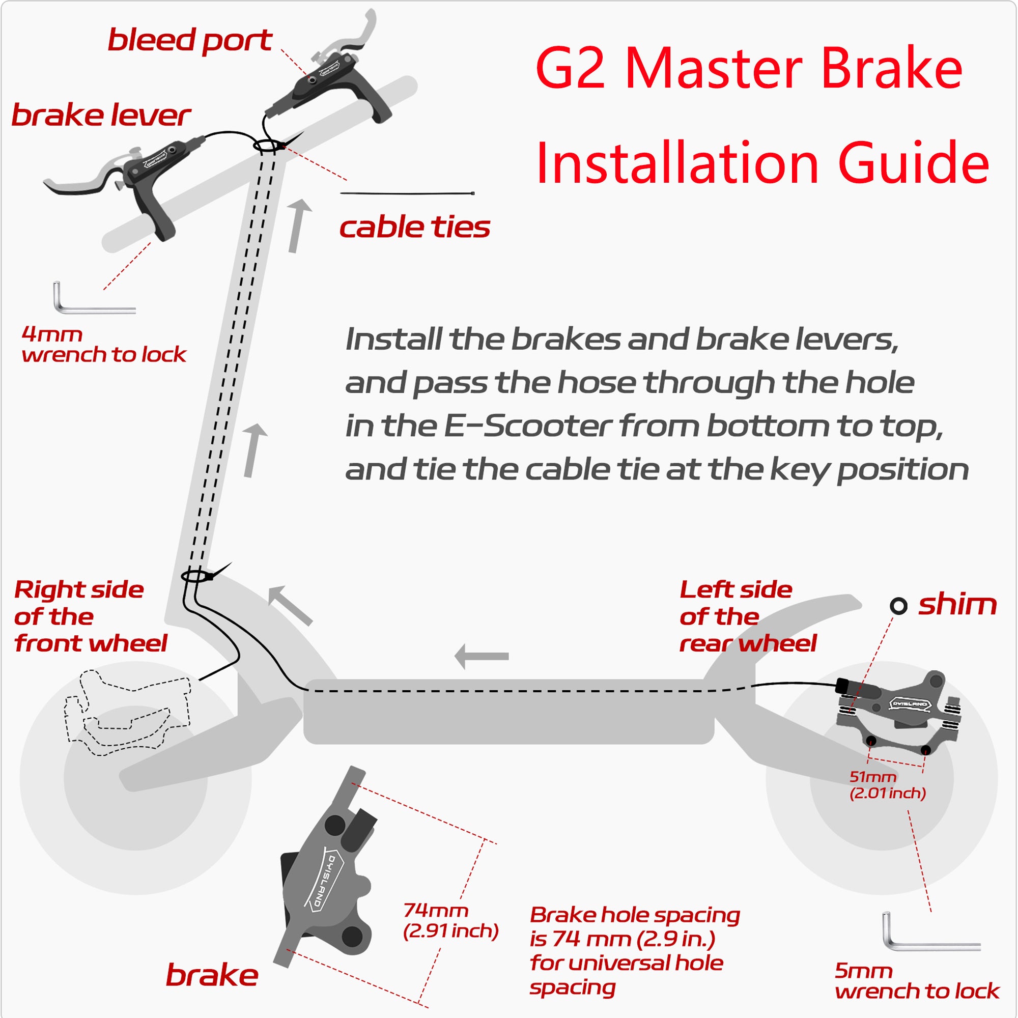DYISLAND LD-240 Dual-Piston E-Scooters Hydraulic Disc Brake Kit for KUKirin G2 Master / G2 Max Electric Scooters