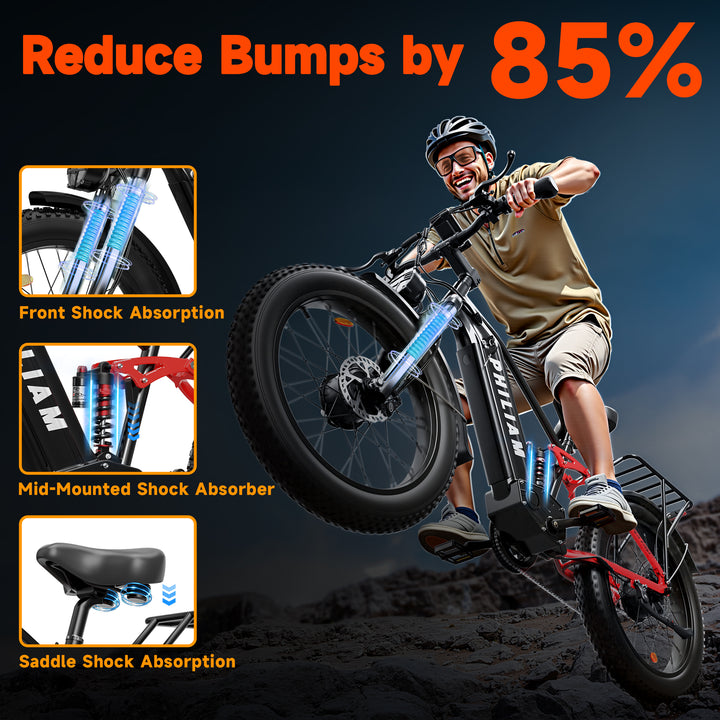 PHILIAM F3 PRO Dual Motor E-Bike, 3000W Peak Power, 52V 23Ah Battery, 37 MPH Top Speed, 100-Mile Range, Full Suspension Fat Tire (EU)