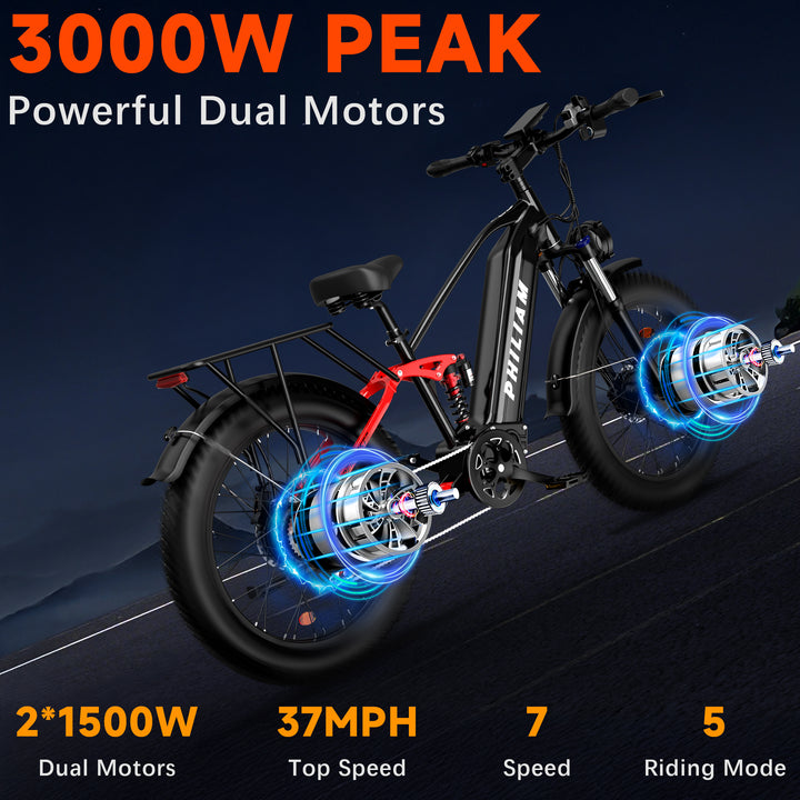 PHILIAM F3 PRO Dual Motor E-Bike, 3000W Peak Power, 52V 23Ah Battery, 37 MPH Top Speed, 100-Mile Range, Full Suspension Fat Tire (EU)