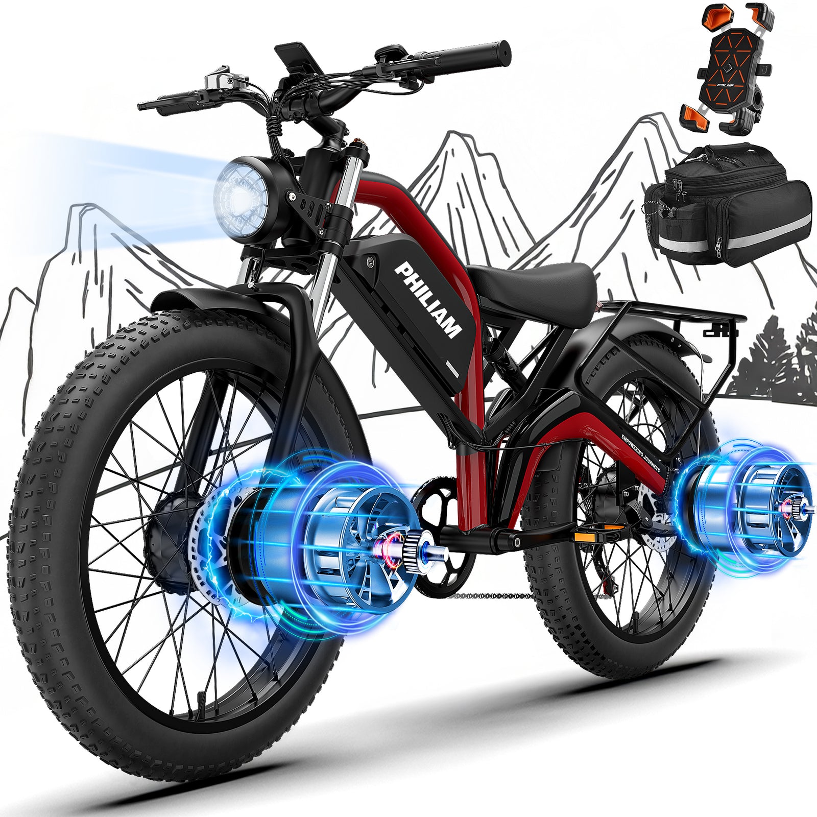 Philiam FX1 52V 32/23AH Battery, 5000W/3000W Peak Dual Motor 26”Fat Tire Full Suspension E-Bike
