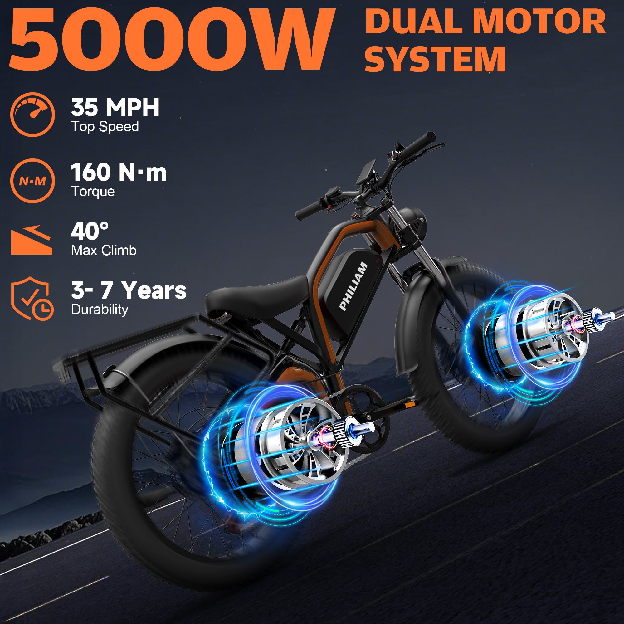 Philiam FX1 52V 32/23AH Battery, 5000W/3000W Peak Dual Motor 26”Fat Ti – dyisland Philiam FX1 52V 32/23AH Battery, 5000W/3000W Peak Dual Motor 26”Fat Ti – dyisland