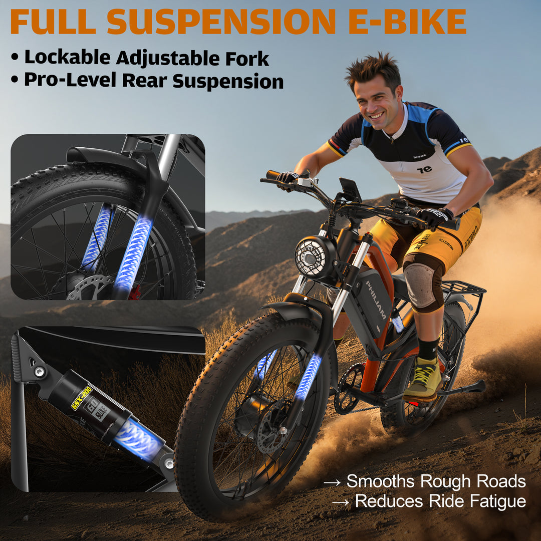 Philiam FX1 52V 32/23AH Battery, 5000W/3000W Peak Dual Motor 26”Fat Tire Full Suspension E-Bike