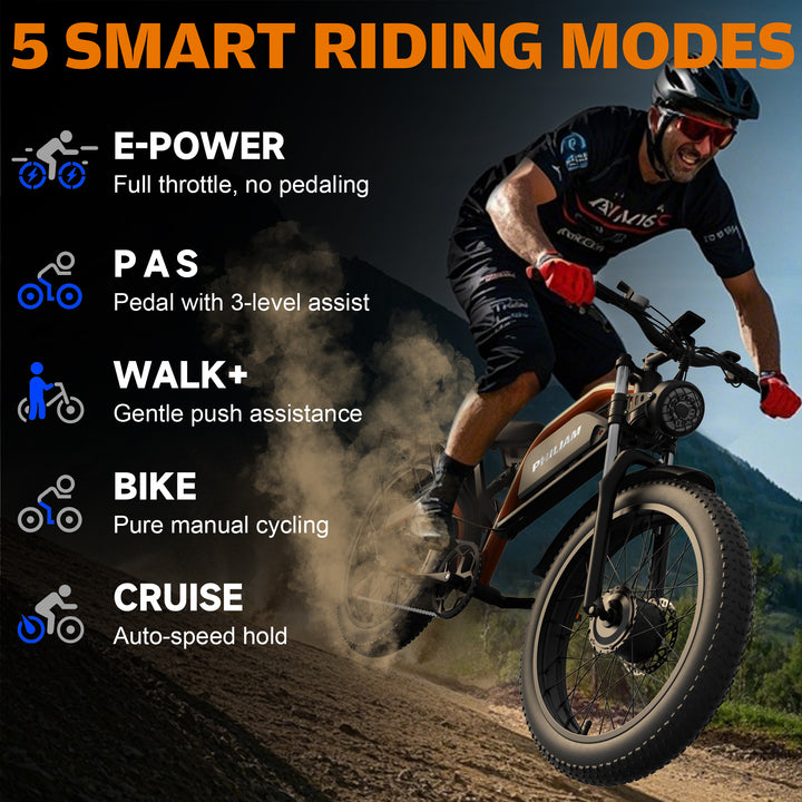 Philiam FX1 52V 32/23AH Battery, 5000W/3000W Peak Dual Motor 26”Fat Tire Full Suspension E-Bike