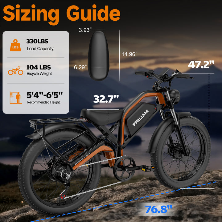 Philiam FX1 52V 32/23AH Battery, 5000W/3000W Peak Dual Motor 26”Fat Tire Full Suspension E-Bike